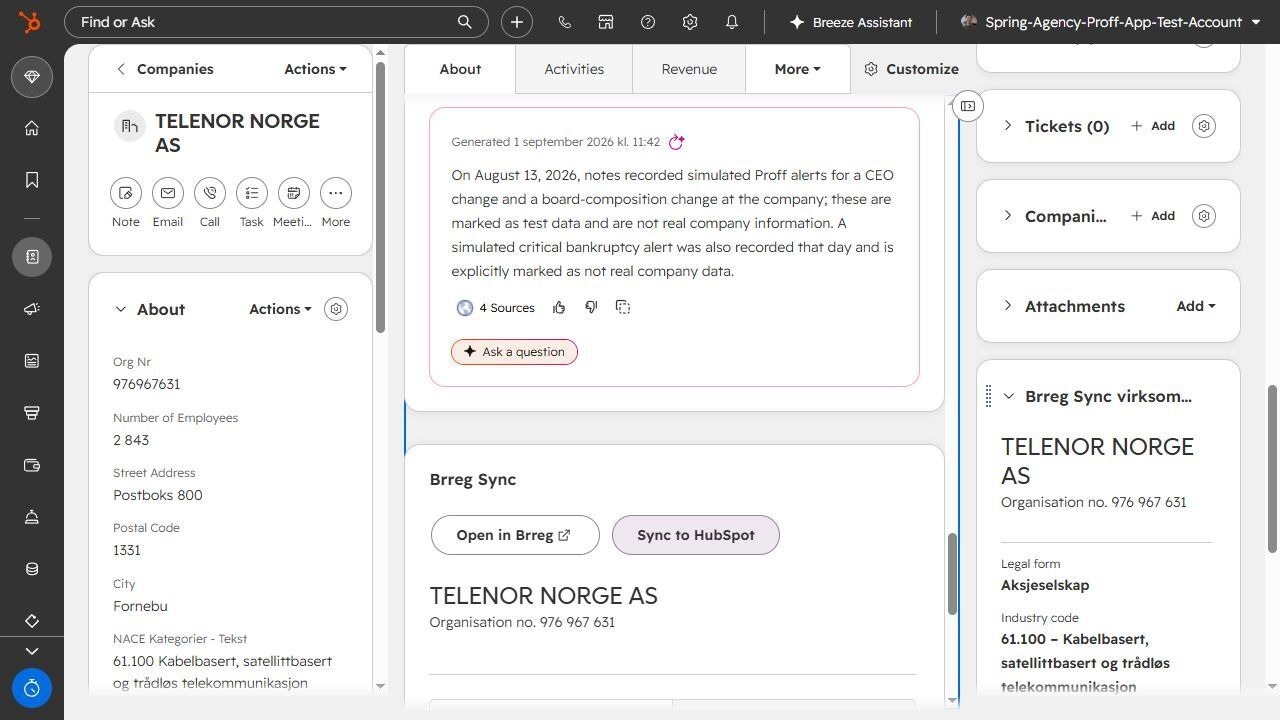 Het bedrijfstabblad ‘Brreg Sync’ voor TELENOR NORGE AS in HubSpot