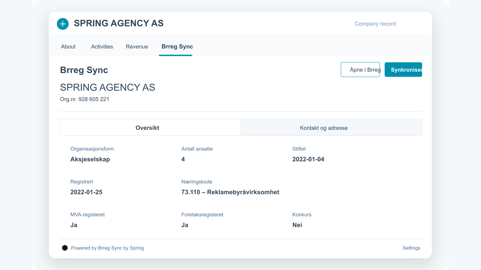 Bedrijfstabblad ‘Brreg Sync’ voor Spring Agency AS