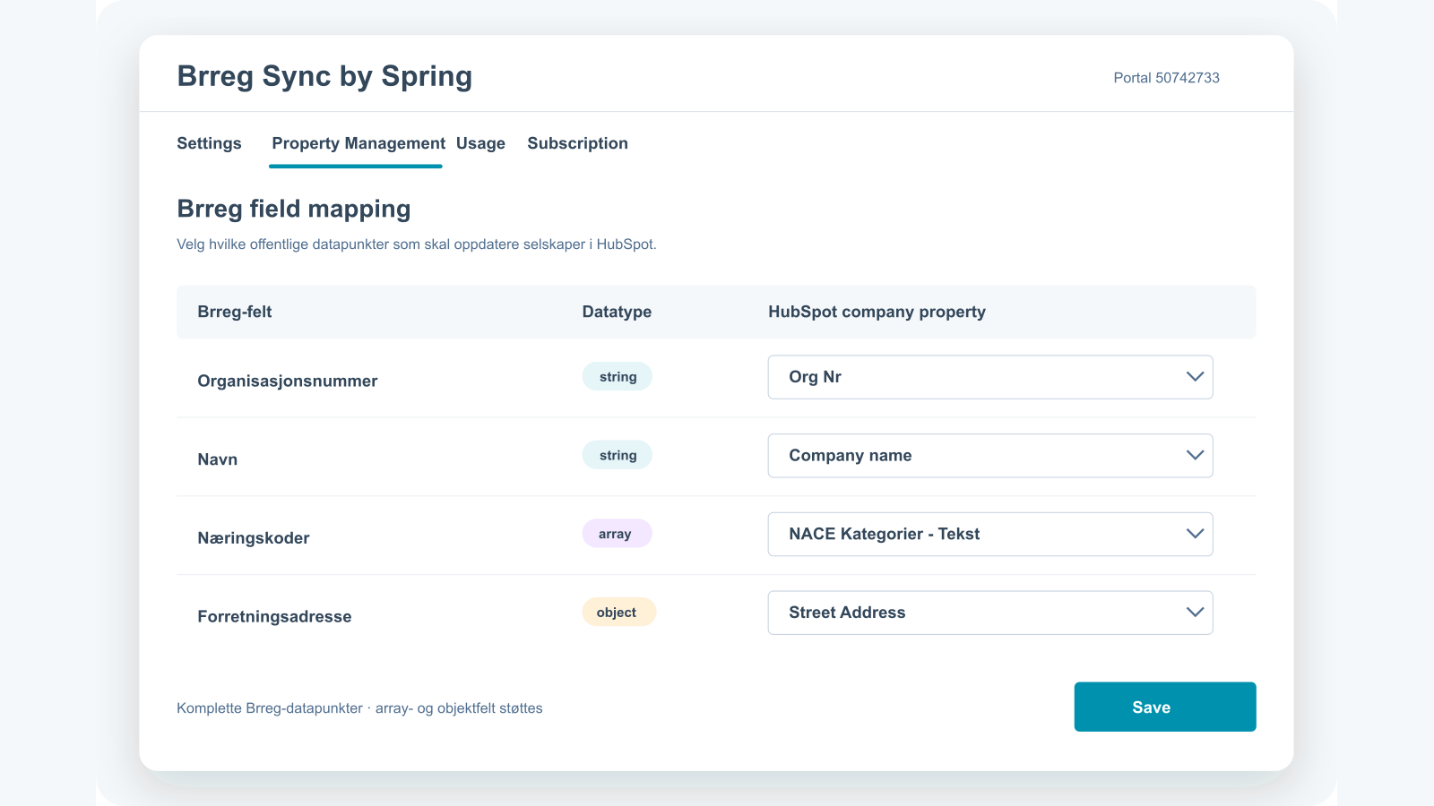 Instellingen voor het toewijzen van Brreg Sync-velden in HubSpot